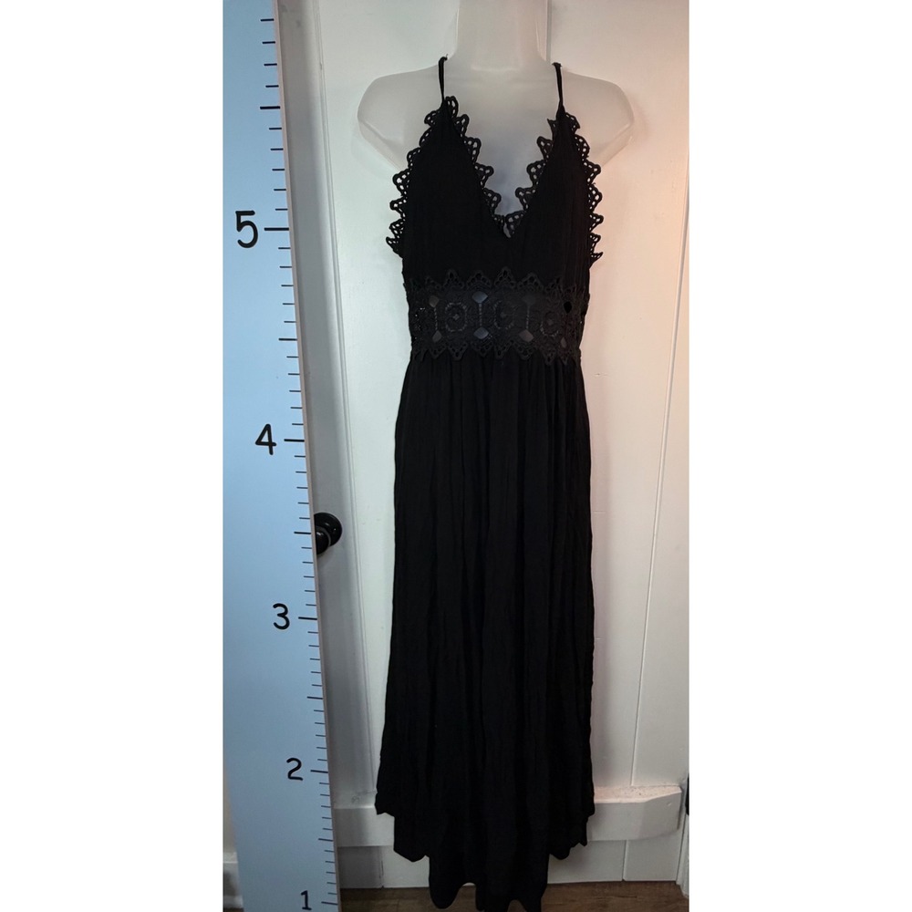 LuLus Goth Black Lace Gauze Maxi Dress Witchy Fairy Mob Wife Women's Medium